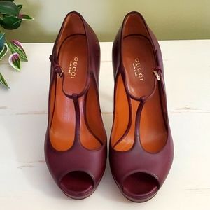 Gucci | Burgundy Leather Platform T-strap  Peep-Toe Pumps Sz 37